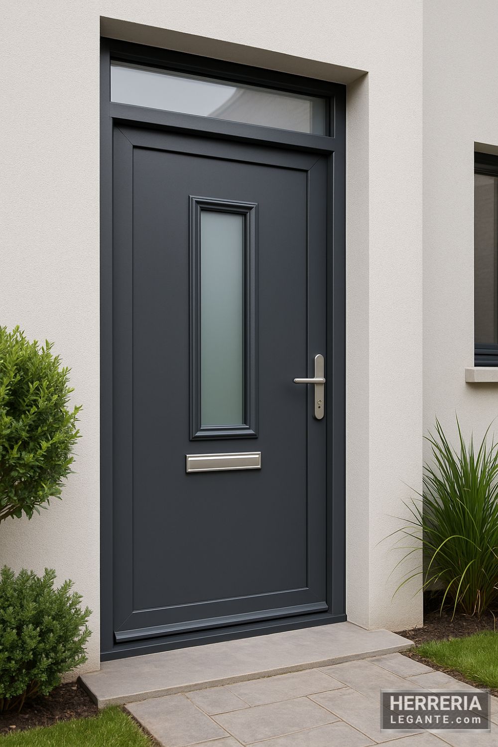 puerta de herrería grafito con vidrio alargado central, vista en ángulo tres cuartos en fachada clara con piso de piedra y vegetación discreta
