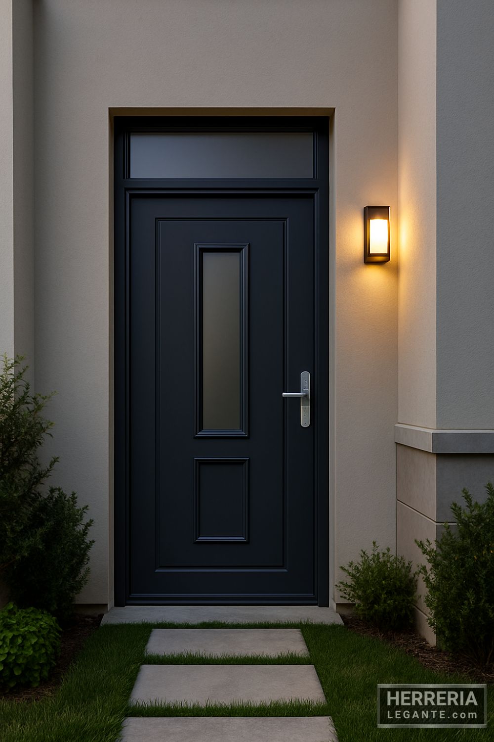 puerta de herrería grafito con vidrio alargado central y herrajes metálicos, en fachada moderna con sendero de piedra y jardín iluminado al anochecer