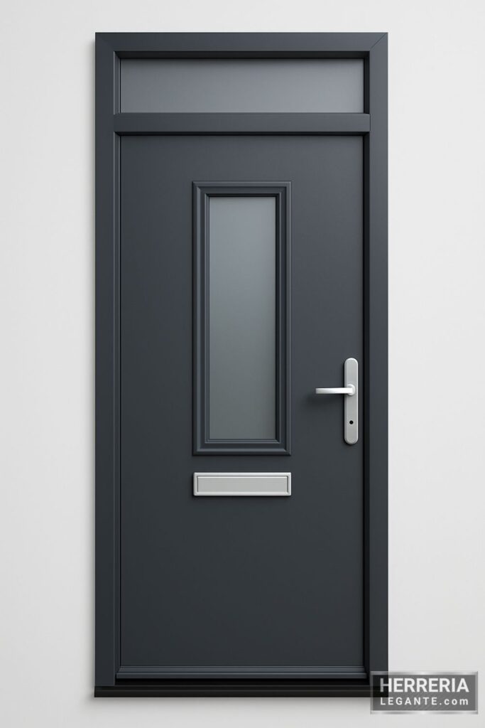 puerta de herrería moderna color grafito con vidrio alargado central y herrajes plateados en diseño minimalista