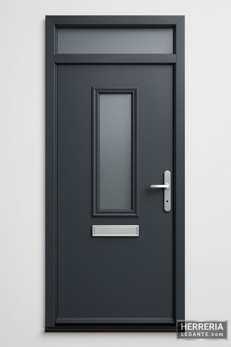 puerta de herrería moderna color grafito con vidrio alargado central y herrajes plateados en diseño minimalista