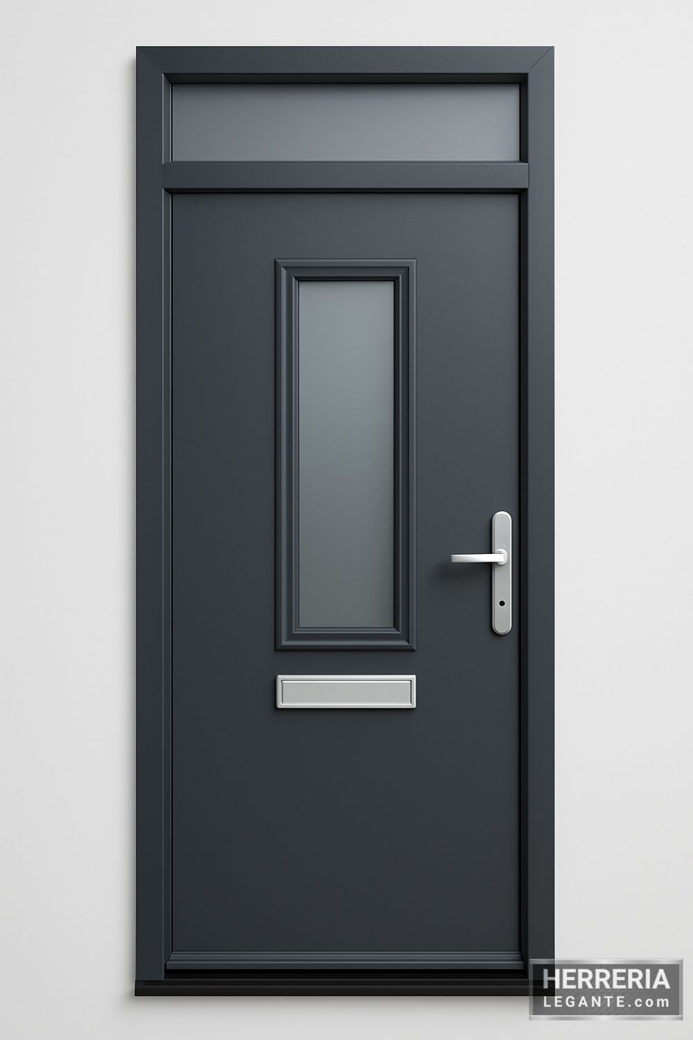 puerta de herrería moderna color grafito con vidrio alargado central y herrajes plateados en diseño minimalista