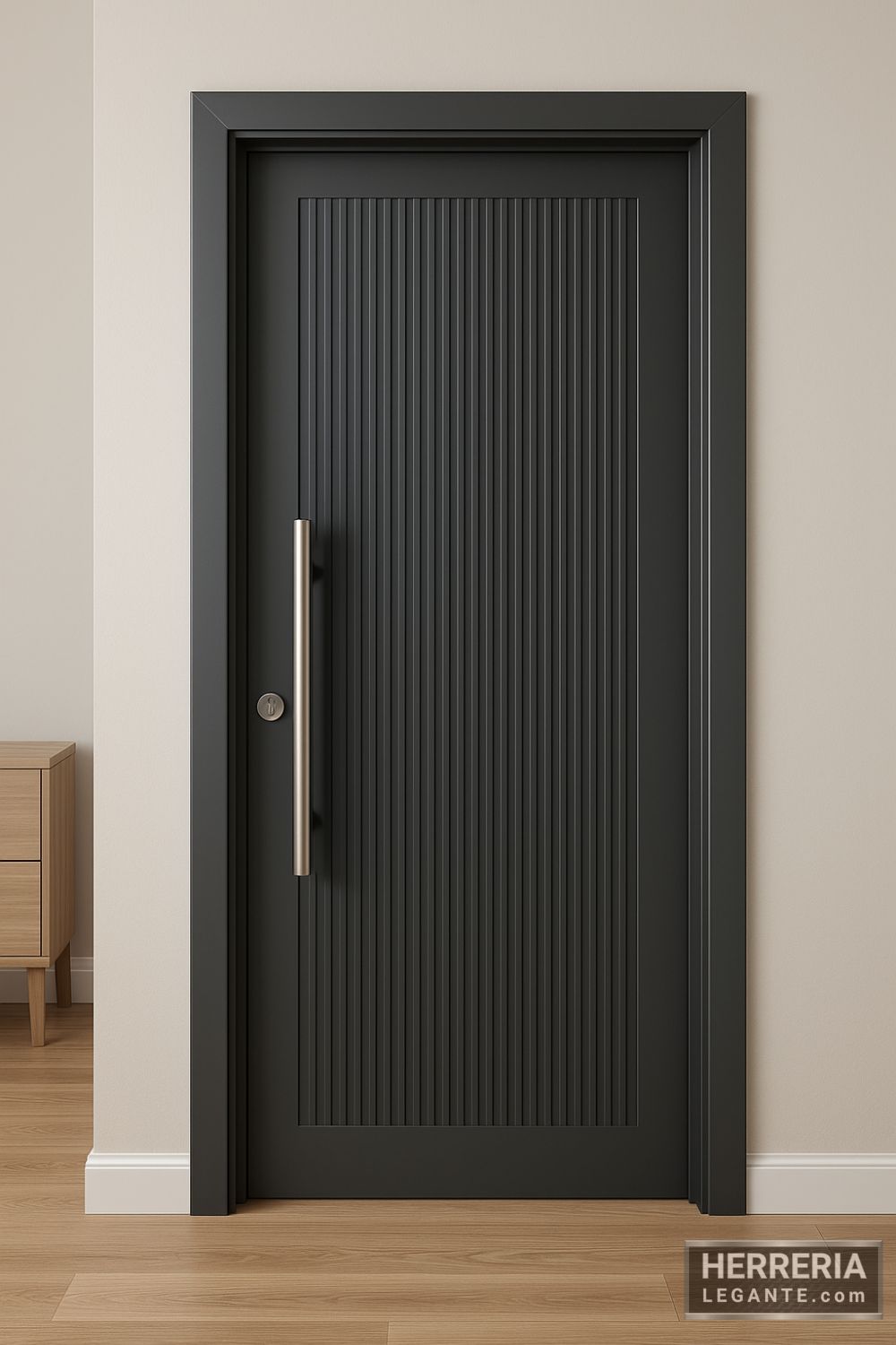 puerta de herrería interior grafito satinado con franjas verticales y manija metálica alargada en dormitorio principal contemporáneo