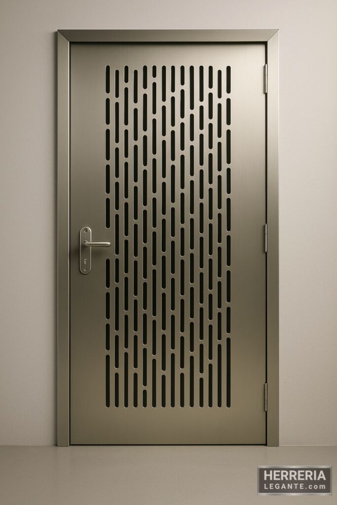 puerta de herrería interior metálica satinada con diseño perforado geométrico y manija lateral plateada, fondo neutro gris claro