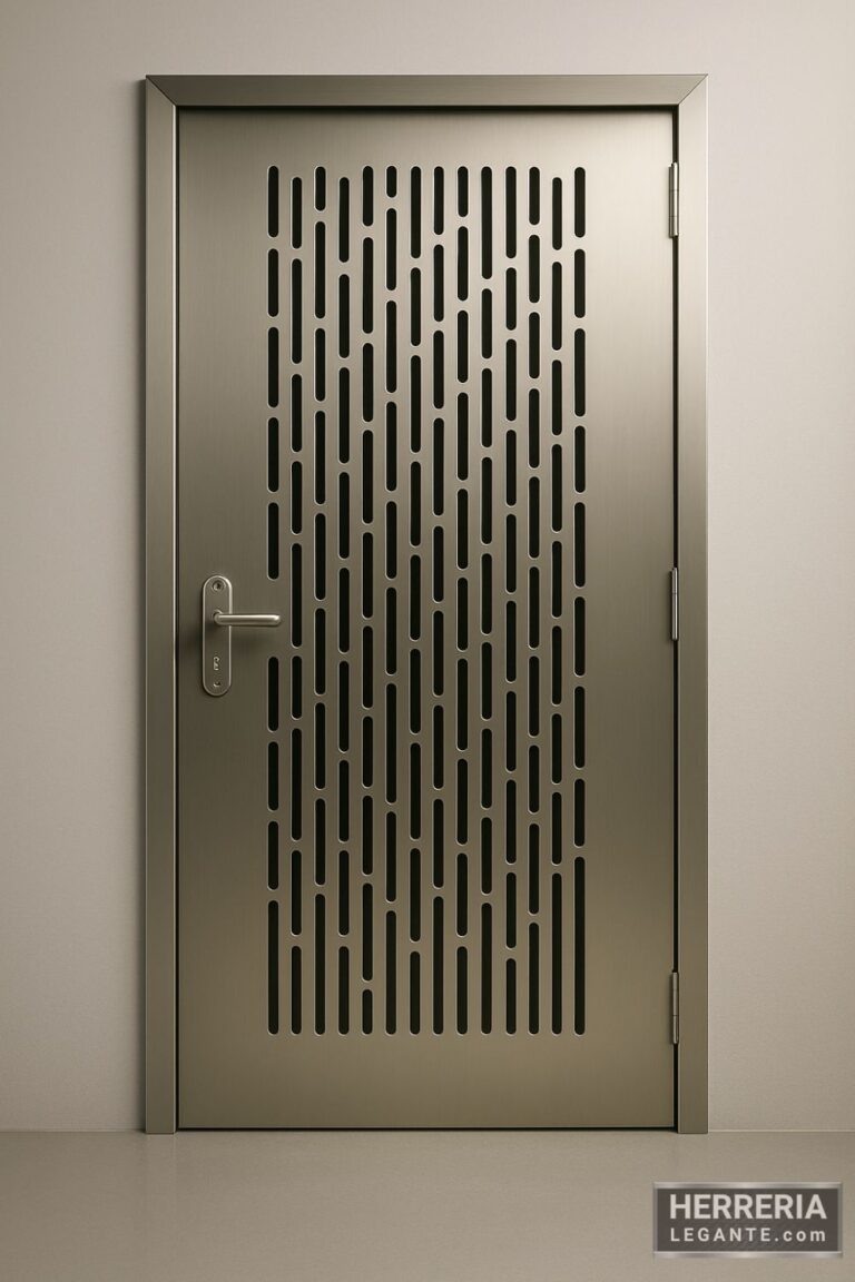 puerta de herrería interior metálica satinada con diseño perforado geométrico y manija lateral plateada, fondo neutro gris claro