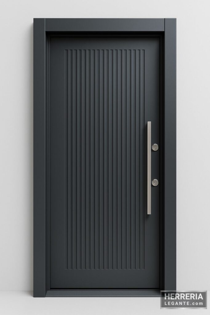 puerta de herrería interior minimalista color grafito satinado con franjas verticales y manija metálica alargada