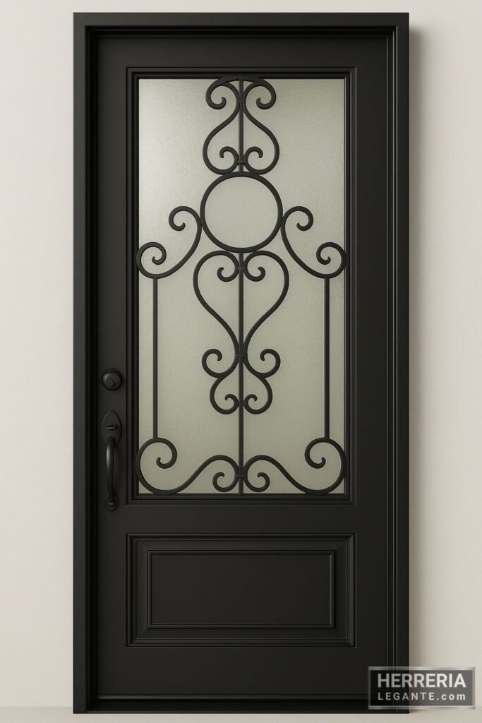 Puerta de herrería de interior con diseño de hierro forjado y ventana grande decorativa