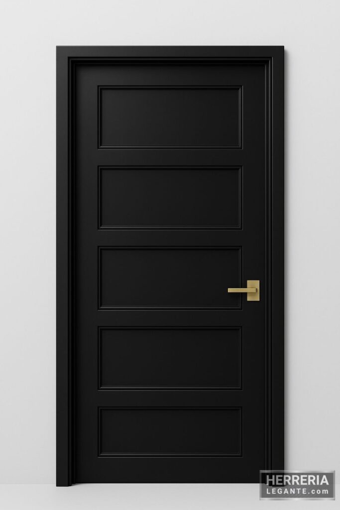 puerta de herrería interior negra minimalista con cinco paneles rectangulares y manija dorada