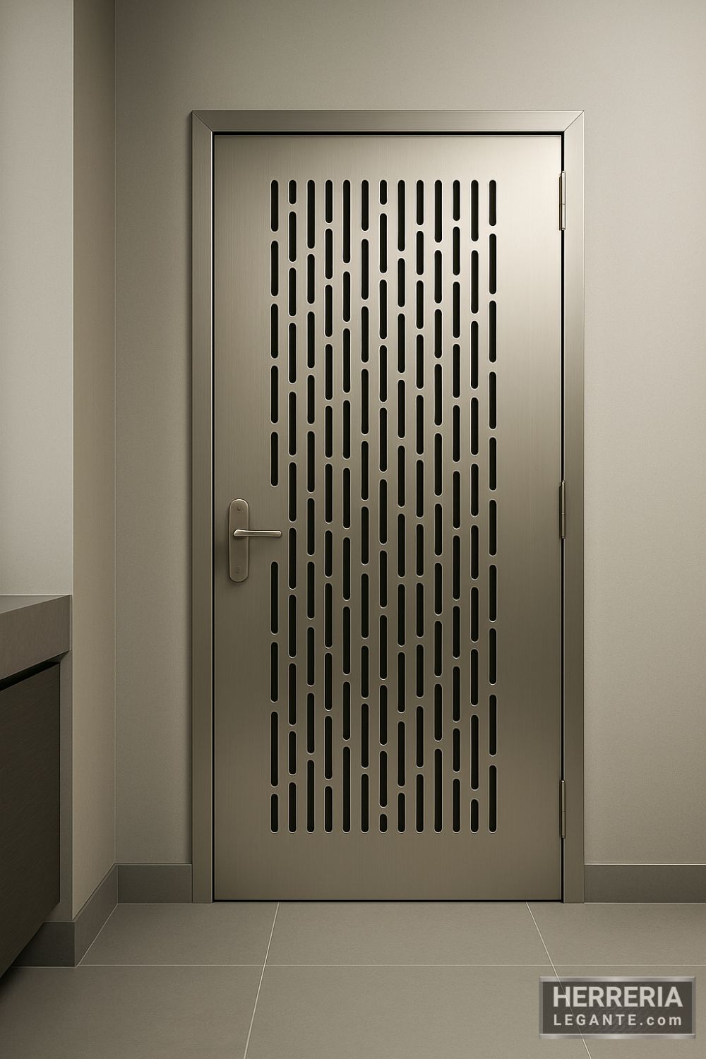 puerta de herrería interior metálica satinada con diseño geométrico perforado en oficina privada vista desde más lejos