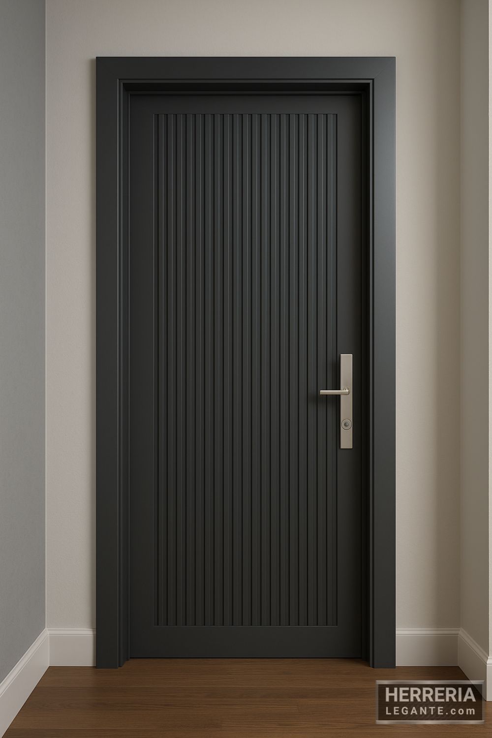puerta de herrería interior grafito satinado con franjas verticales y manija metálica alargada en oficina privada