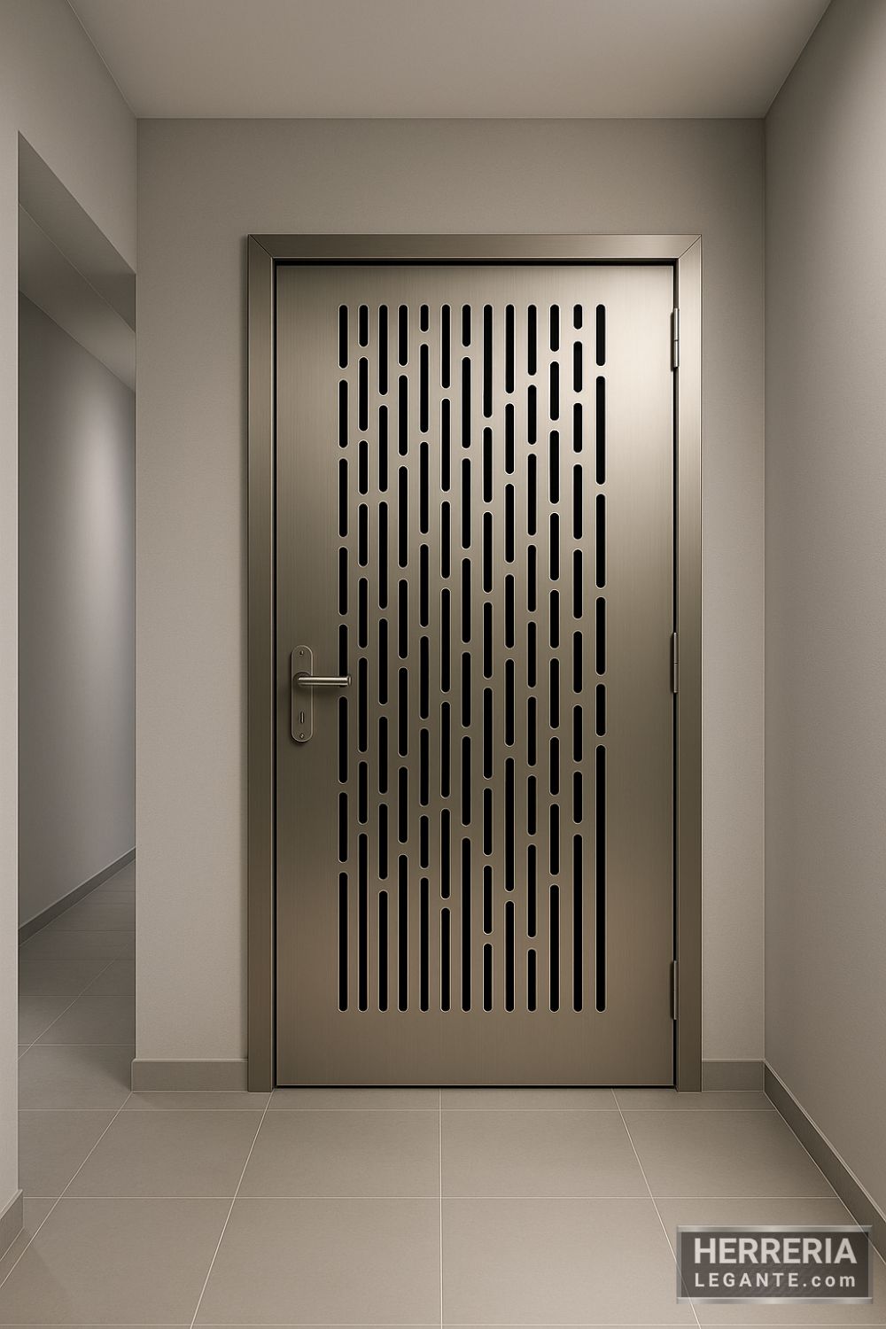puerta de herrería interior metálica satinada con diseño perforado geométrico en pasillo minimalista amplio