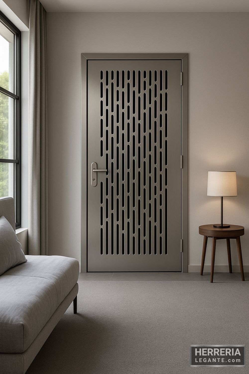 puerta de herrería interior metálica satinada con diseño perforado geométrico en sala de reuniones de casa moderna