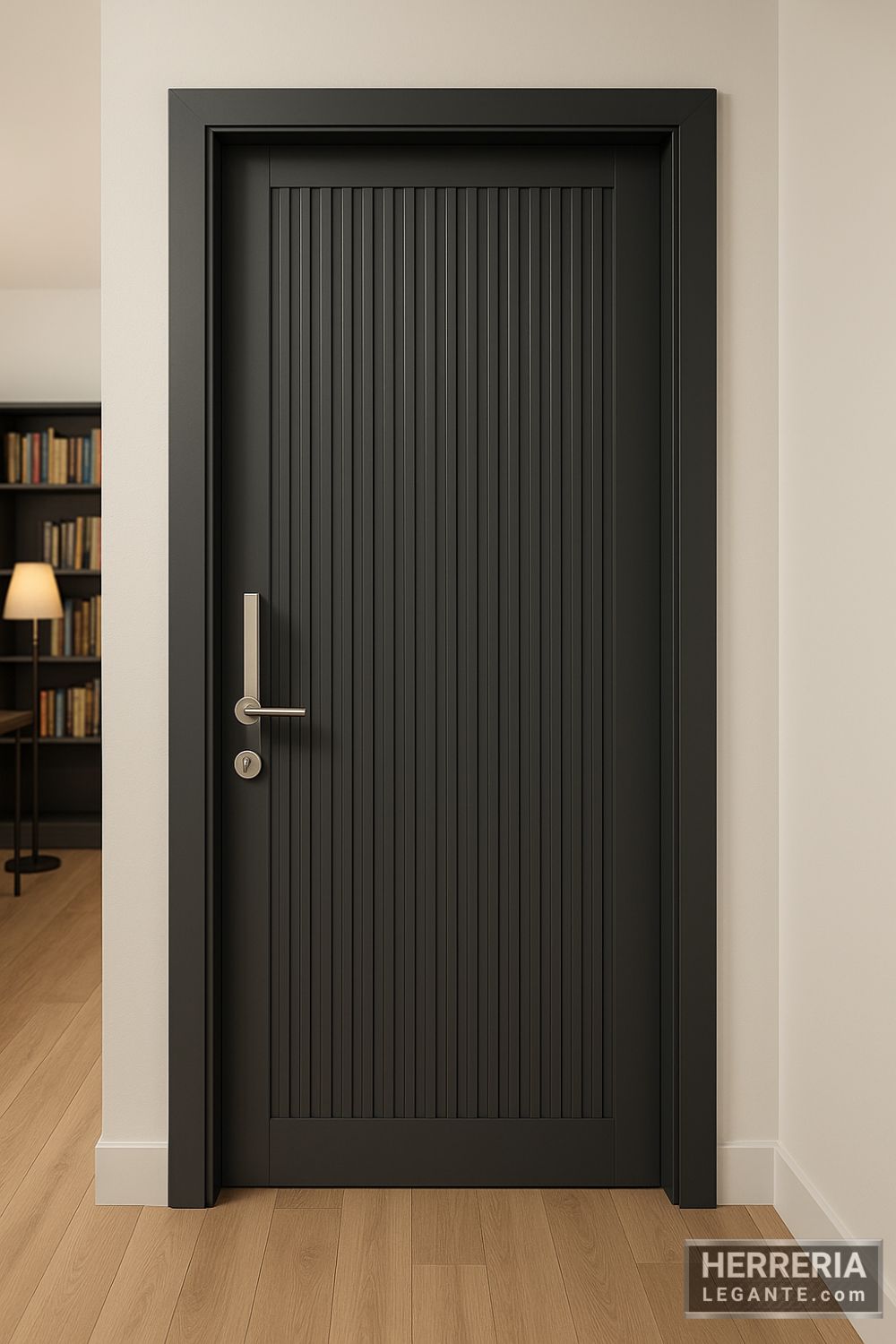 puerta de herrería interior grafito satinado con franjas verticales y manija metálica alargada en vestidor moderno