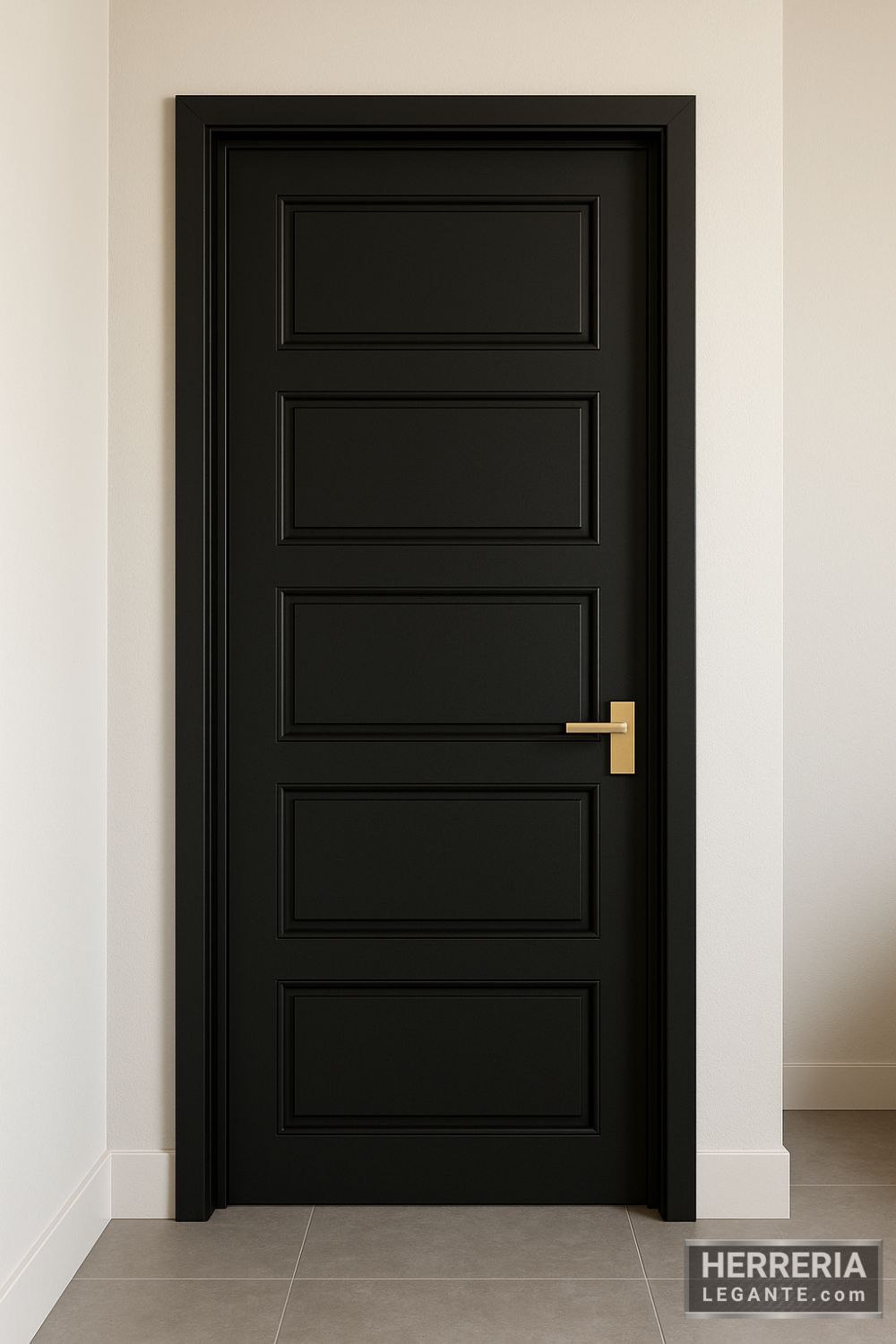 puerta de herrería interior negra minimalista con cinco paneles rectangulares y manija dorada en vestidor moderno