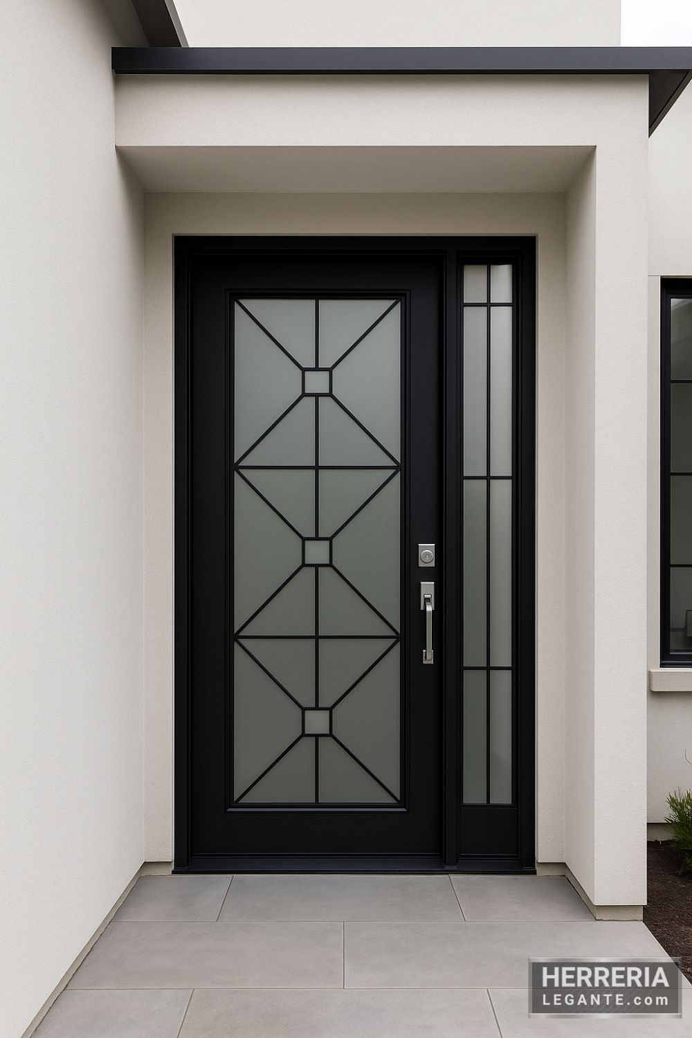 Puerta de herrería negra con vidrio esmerilado y diseño geométrico instalada en fachada minimalista de color blanco