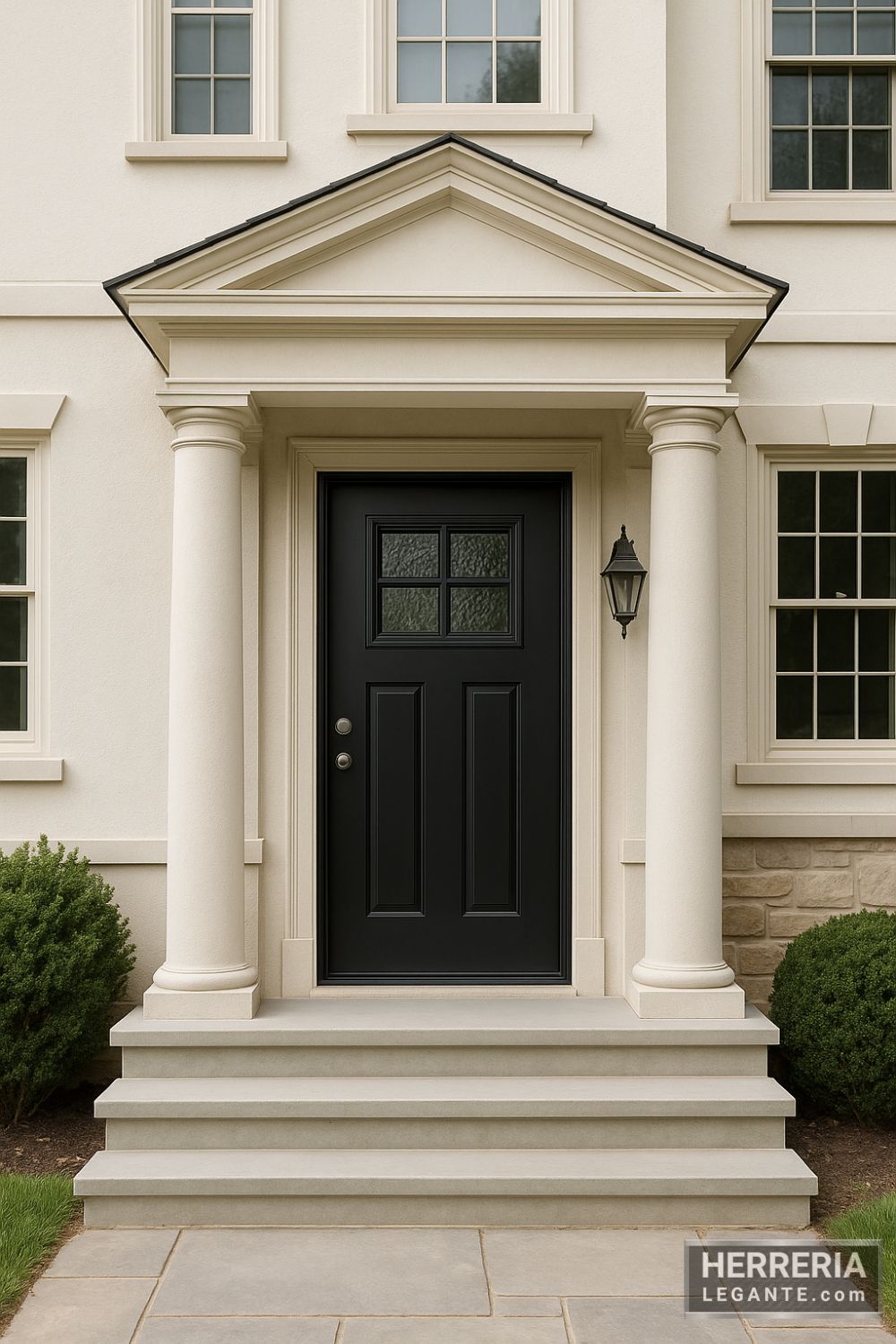 Puerta de herrería moderna en acabado negro mate con ventanales superiores de vidrio texturizado, instalada en fachada clásica con columnas y detalles arquitectónicos