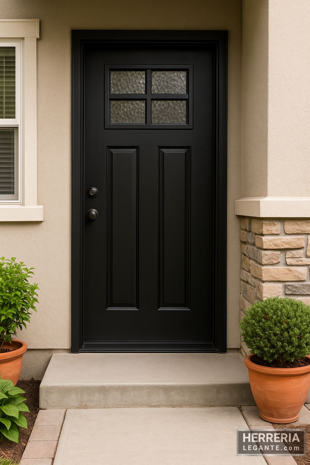 Puerta de herrería negra mate con ventanales superiores de vidrio texturizado, instalada en fachada contemporánea familiar con muros claros y detalles de piedra