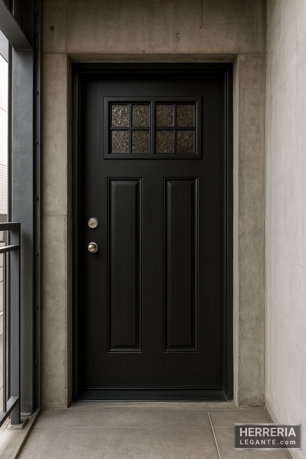 Puerta de herrería moderna en acabado negro mate con ventanales superiores de vidrio texturizado, instalada en acceso de departamento urbano con paredes de concreto visto