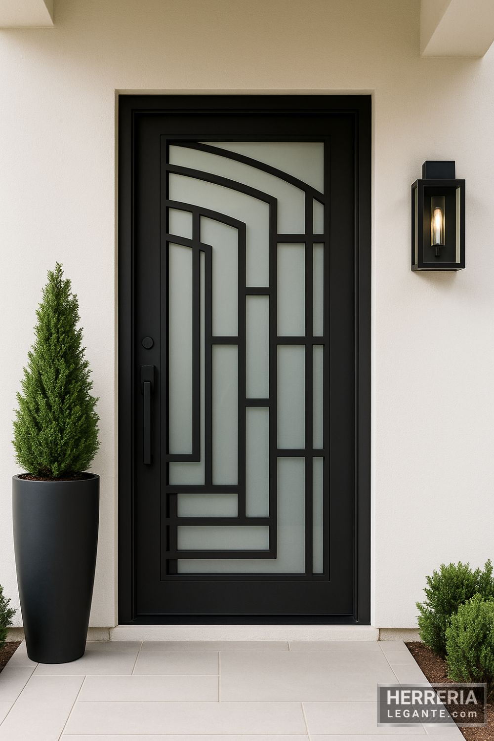 Puerta de herrería negra con diseño geométrico y vidrio esmerilado, instalada en fachada minimalista con paredes blancas y decoración moderna