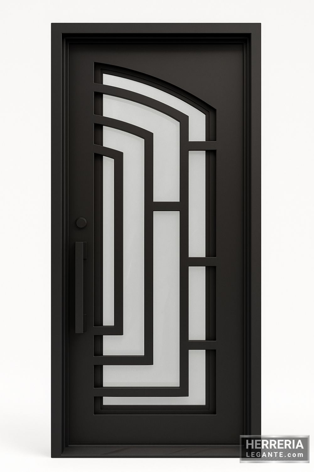 puerta de herrería moderna con diseño geométrico en hierro negro y vidrio esmerilado, fondo blanco neutro