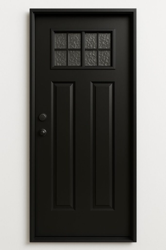 Puerta de herrería moderna en acabado negro mate con paneles rectos y ventanales superiores de vidrio texturizado