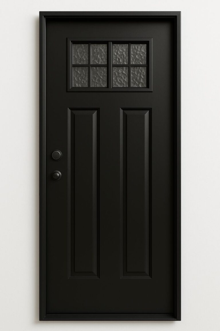 Puerta de herrería moderna en acabado negro mate con paneles rectos y ventanales superiores de vidrio texturizado