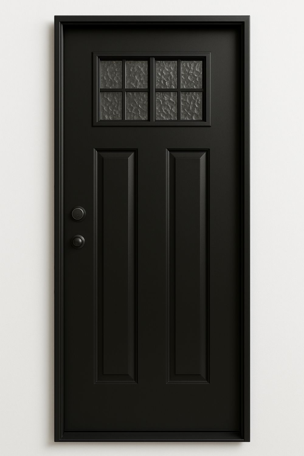 Puerta de herrería moderna en acabado negro mate con paneles rectos y ventanales superiores de vidrio texturizado