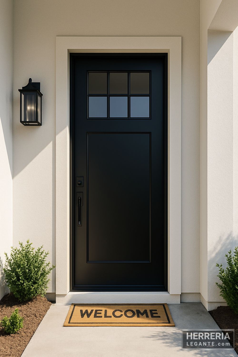 puerta de herrería negra con vidrios superiores y panel inferior, instalada en fachada blanca para generar contraste moderno y elegante
