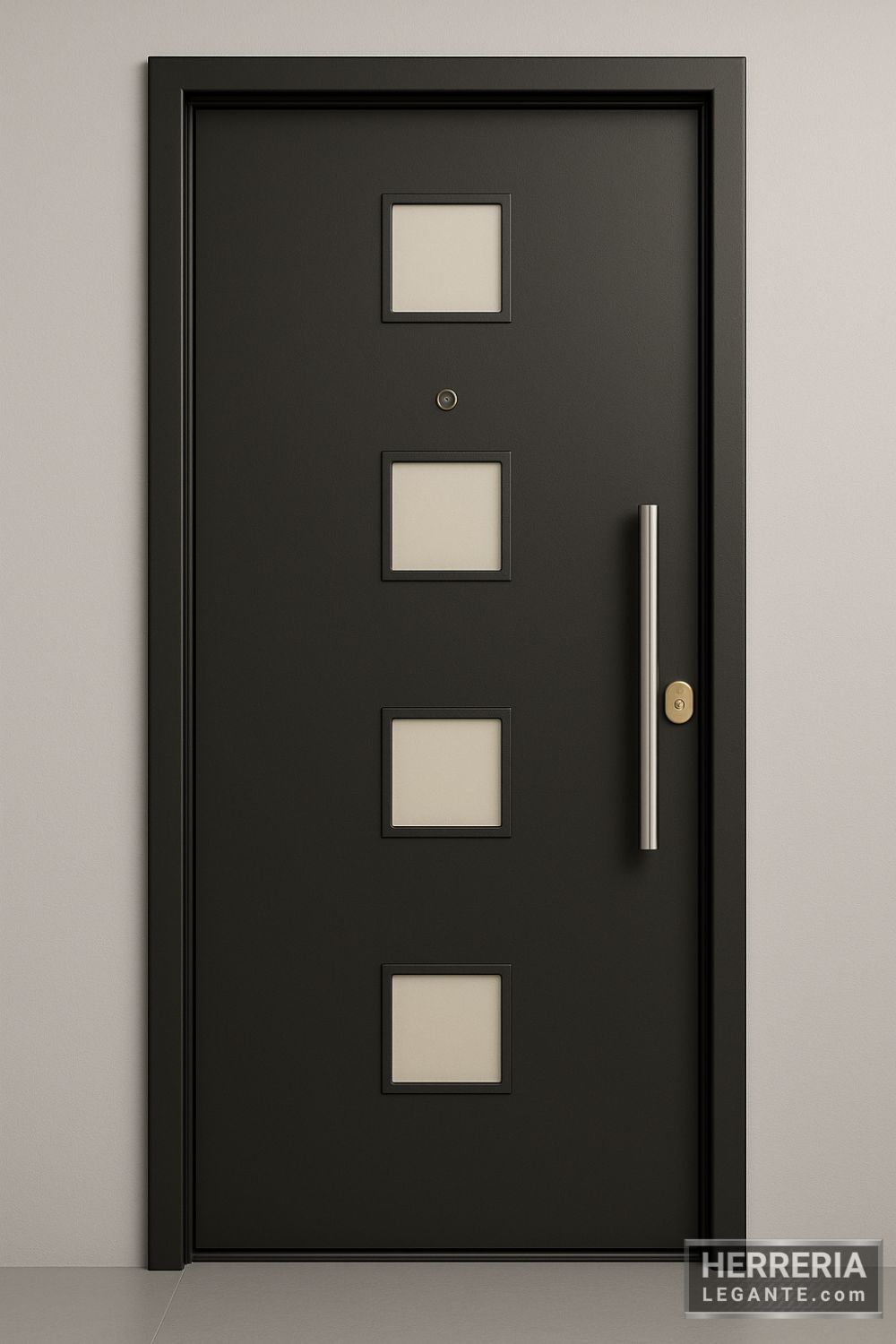 puerta de herrería negra con cuatro incrustaciones cuadradas y manija metálica vertical, diseño moderno para interiores elegantes