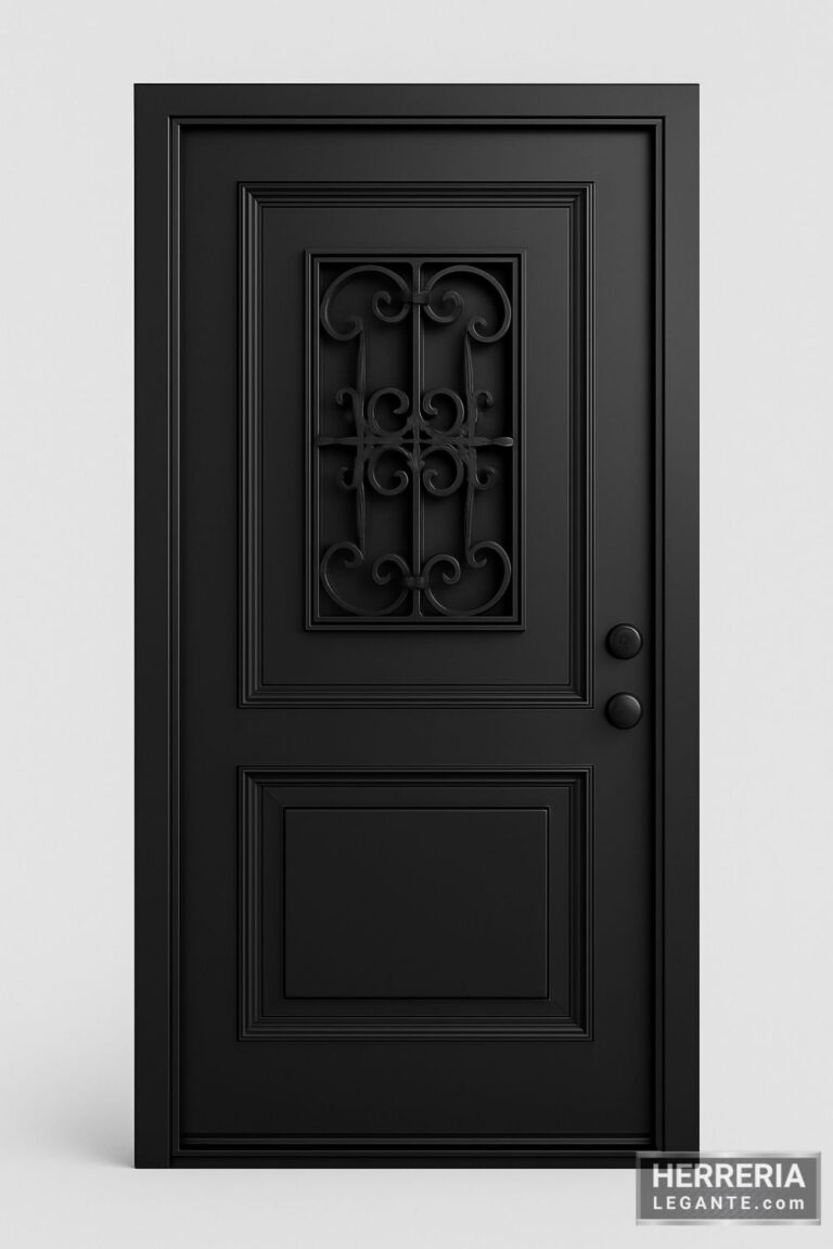 puerta de herrería negra con diseño elegante y detalle forjado en el centro, ideal para fachadas modernas y sobrias