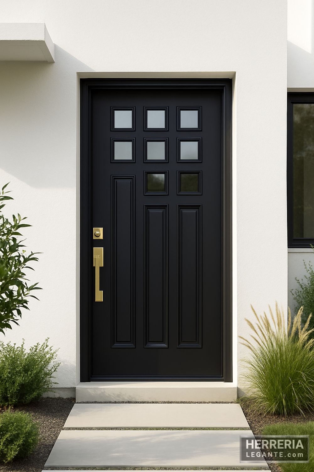 puerta de herrería negra con ventanillas cuadradas y paneles verticales en fachada minimalista blanca con jardín frontal