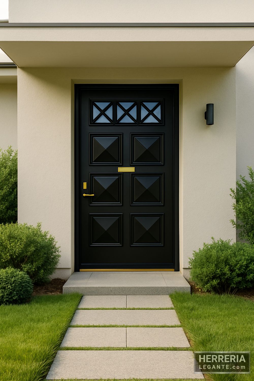 puerta de herrería negra con paneles geométricos y ventanillas en aspa, en fachada contemporánea con jardín y camino de piedra
