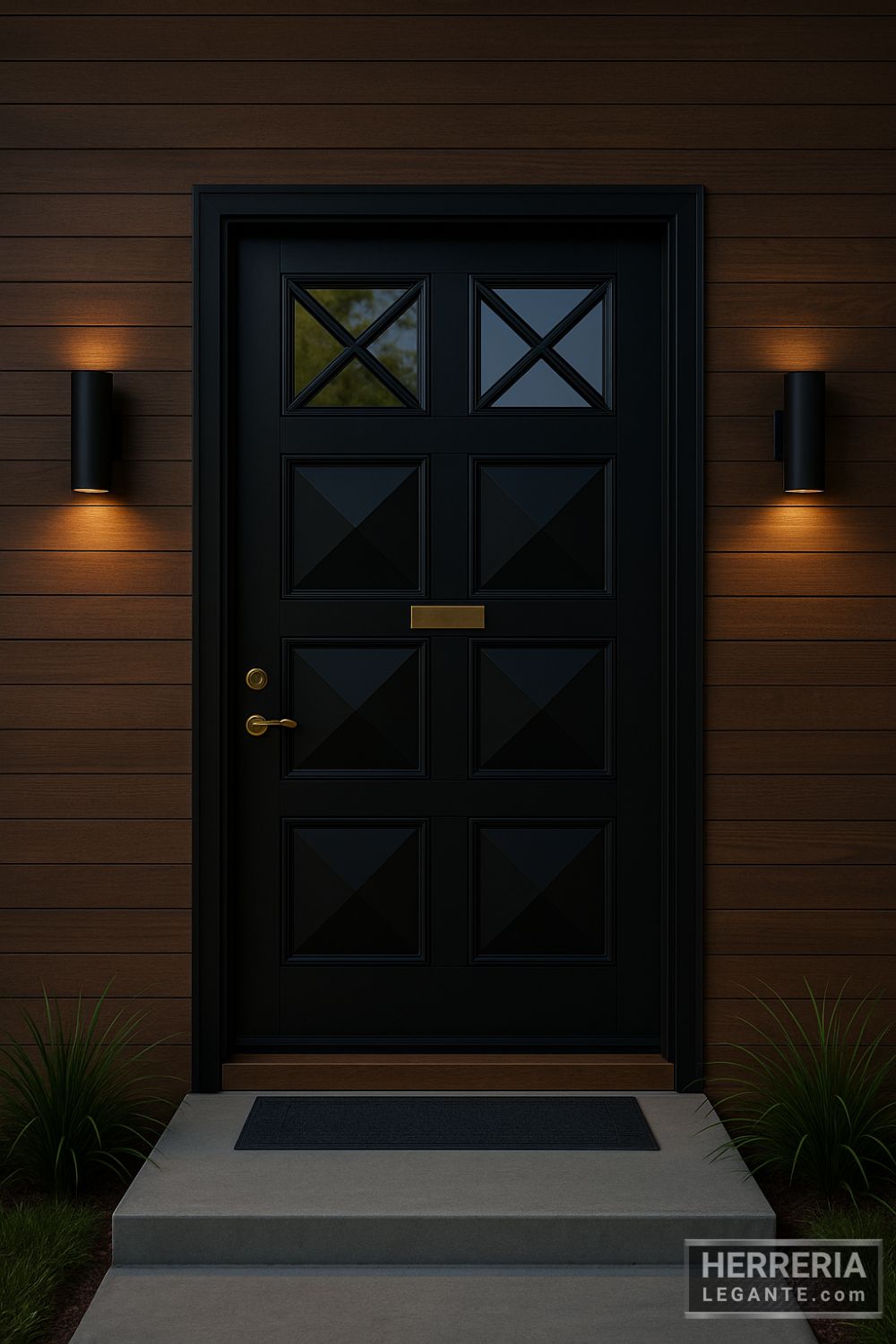 puerta de herrería negra con paneles geométricos y ventanillas en aspa, en fachada de madera con iluminación lateral al anochecer