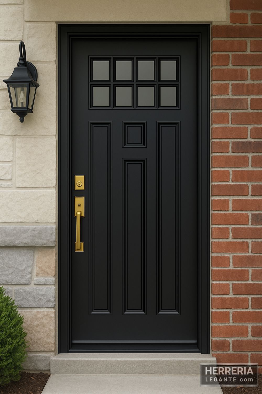 puerta de herrería negra con ventanillas cuadradas y paneles verticales en fachada mixta de piedra clara y ladrillo rojo