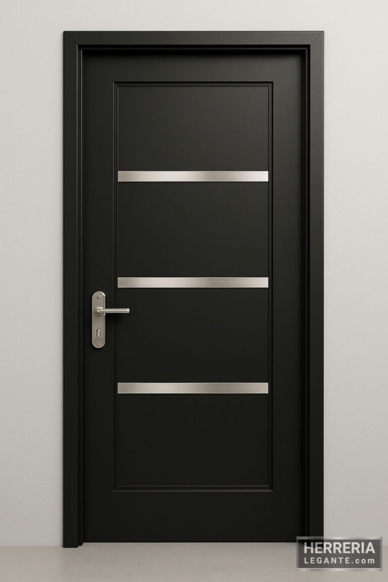 puerta de herrería interior negra con tres franjas metálicas horizontales y manija cromada sobre fondo neutro gris