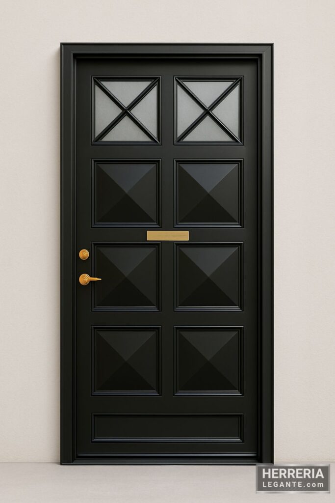 puerta de herrería negra con paneles geométricos en relieve y ventanillas superiores en forma de aspa