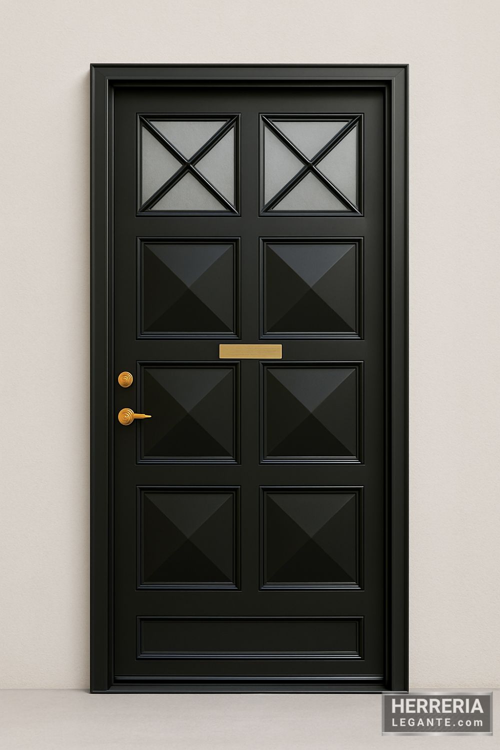 puerta de herrería negra con paneles geométricos en relieve y ventanillas superiores en forma de aspa