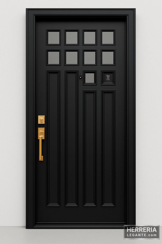 puerta de herrería negra con paneles verticales y ventanillas cuadradas con acabado metálico brillante