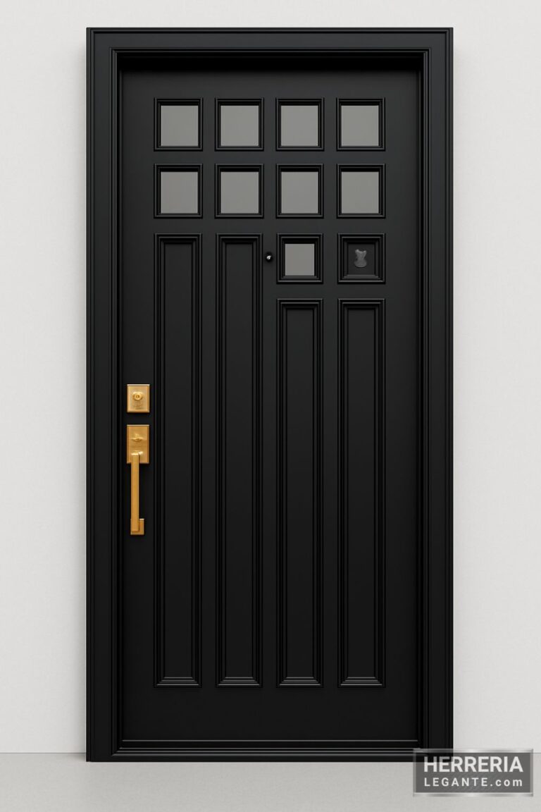 puerta de herrería negra con paneles verticales y ventanillas cuadradas con acabado metálico brillante