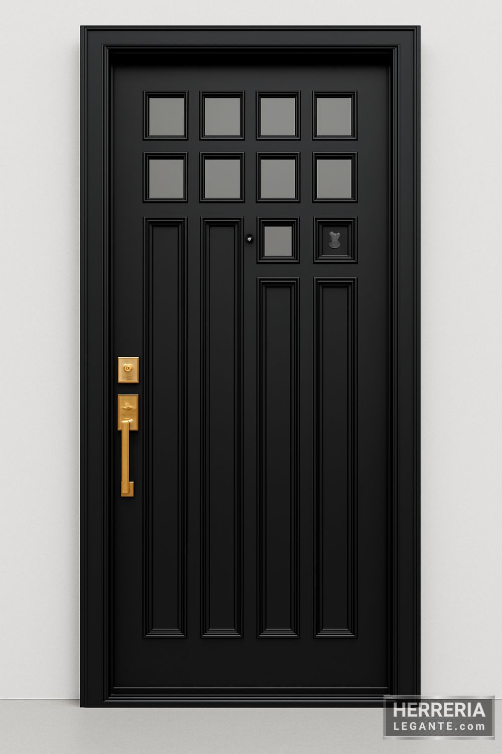 puerta de herrería negra con paneles verticales y ventanillas cuadradas con acabado metálico brillante