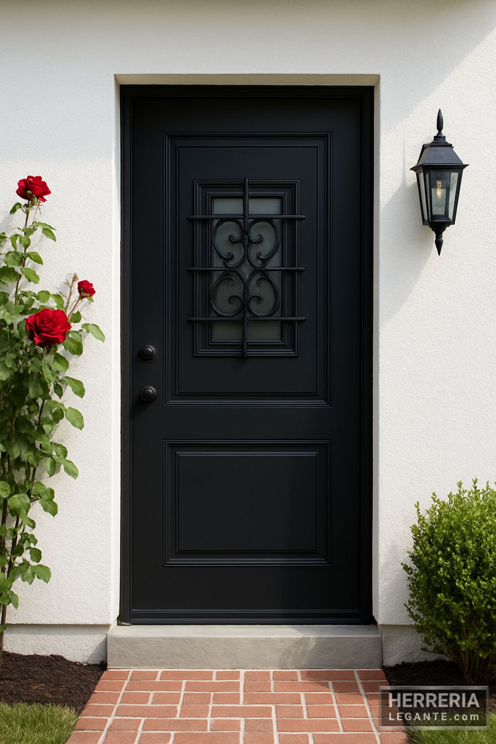 Puerta de herrería negra con detalles decorativos, instalada en fachada blanca con farol lateral y jardín