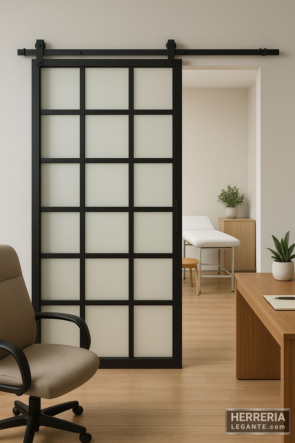 puerta corrediza de herrería con vidrio esmerilado separando oficina moderna y consultorio profesional