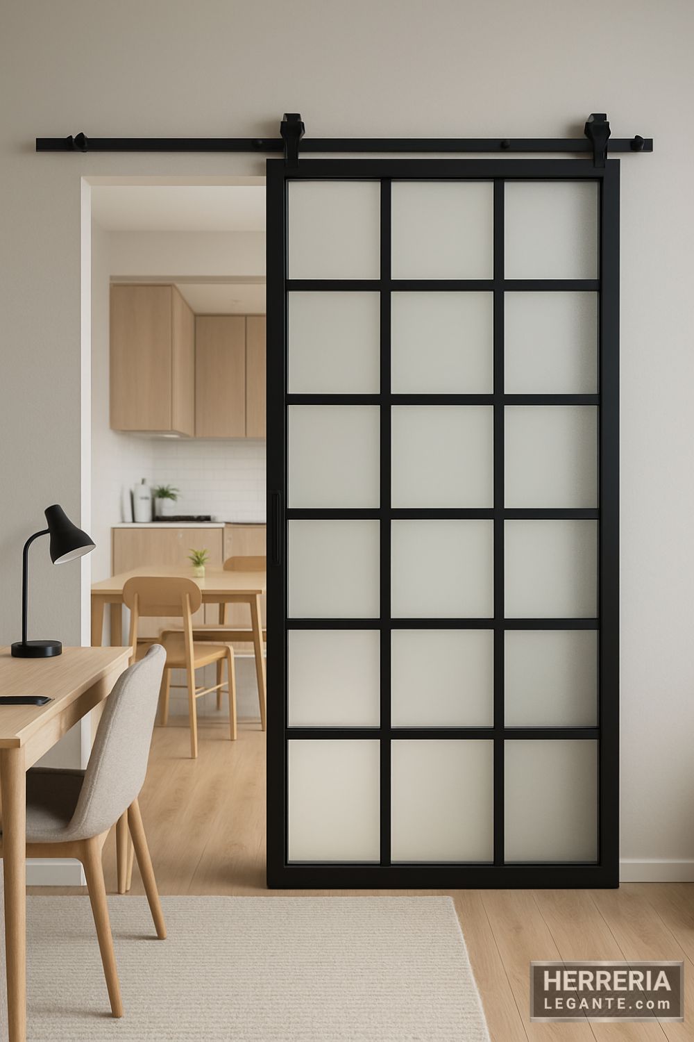 puerta corrediza negra con vidrio esmerilado dividiendo una oficina moderna y espacio comedor