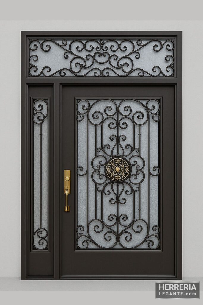 Puerta de herrería grande con diseño ornamental y medallón dorado, laterales fijos y panel superior decorativo, sobre fondo gris neutro