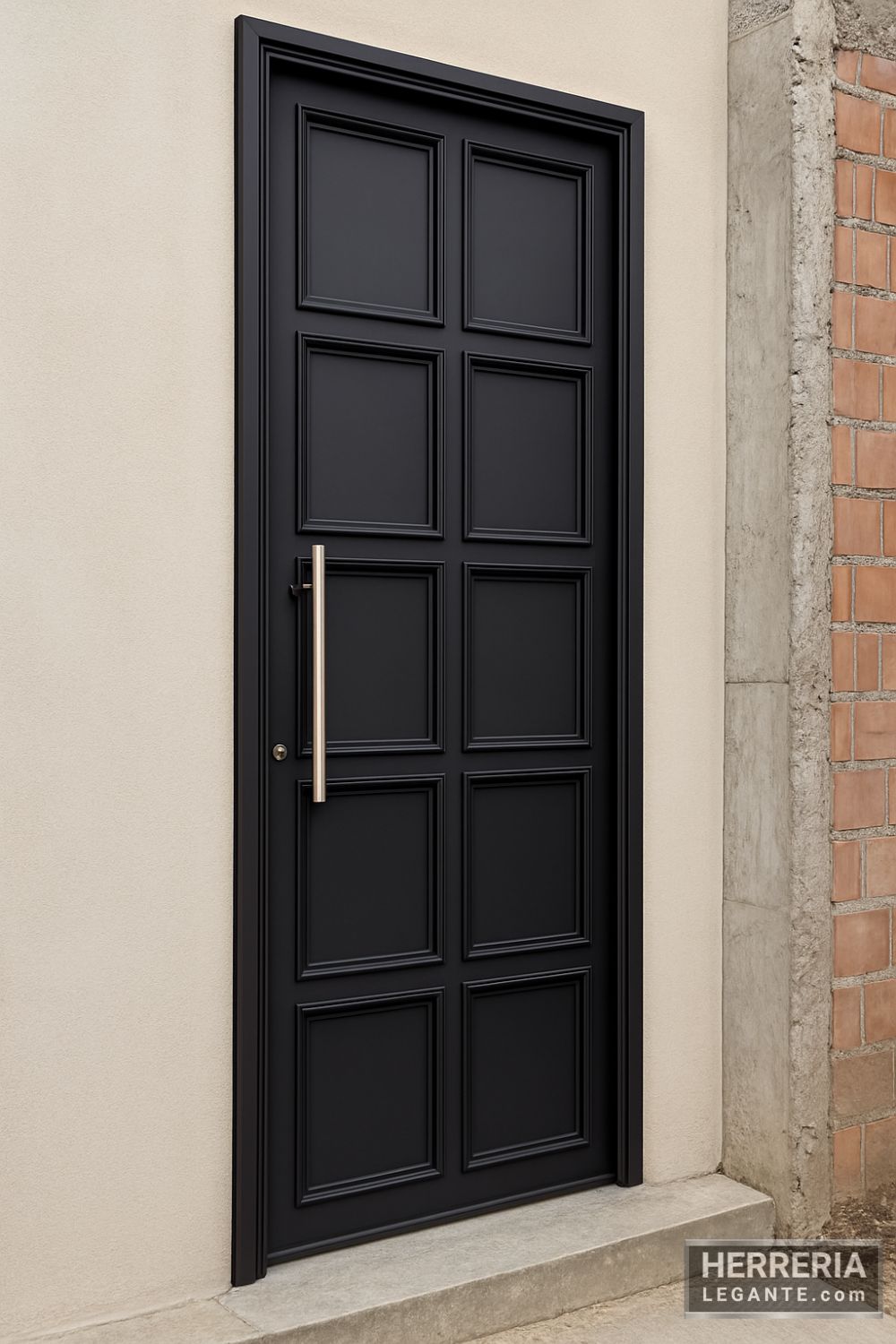 puerta de herrería vista en ángulo lateral con diseño de paneles cuadrados y jalador vertical, instalada en muro perimetral de acabado rústico