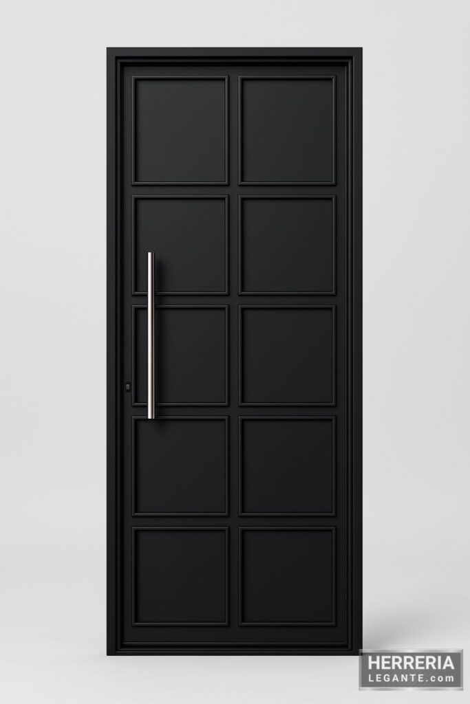 puerta de herrería delgada con diseño de paneles cuadrados empotrados y manija vertical, ideal para muro perimetral o ingreso estrecho