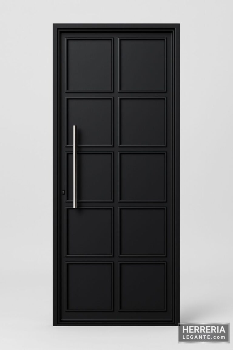 puerta de herrería delgada con diseño de paneles cuadrados empotrados y manija vertical, ideal para muro perimetral o ingreso estrecho