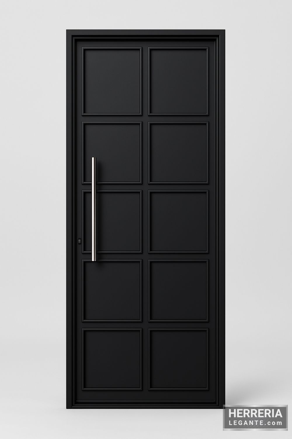puerta de herrería delgada con diseño de paneles cuadrados empotrados y manija vertical, ideal para muro perimetral o ingreso estrecho