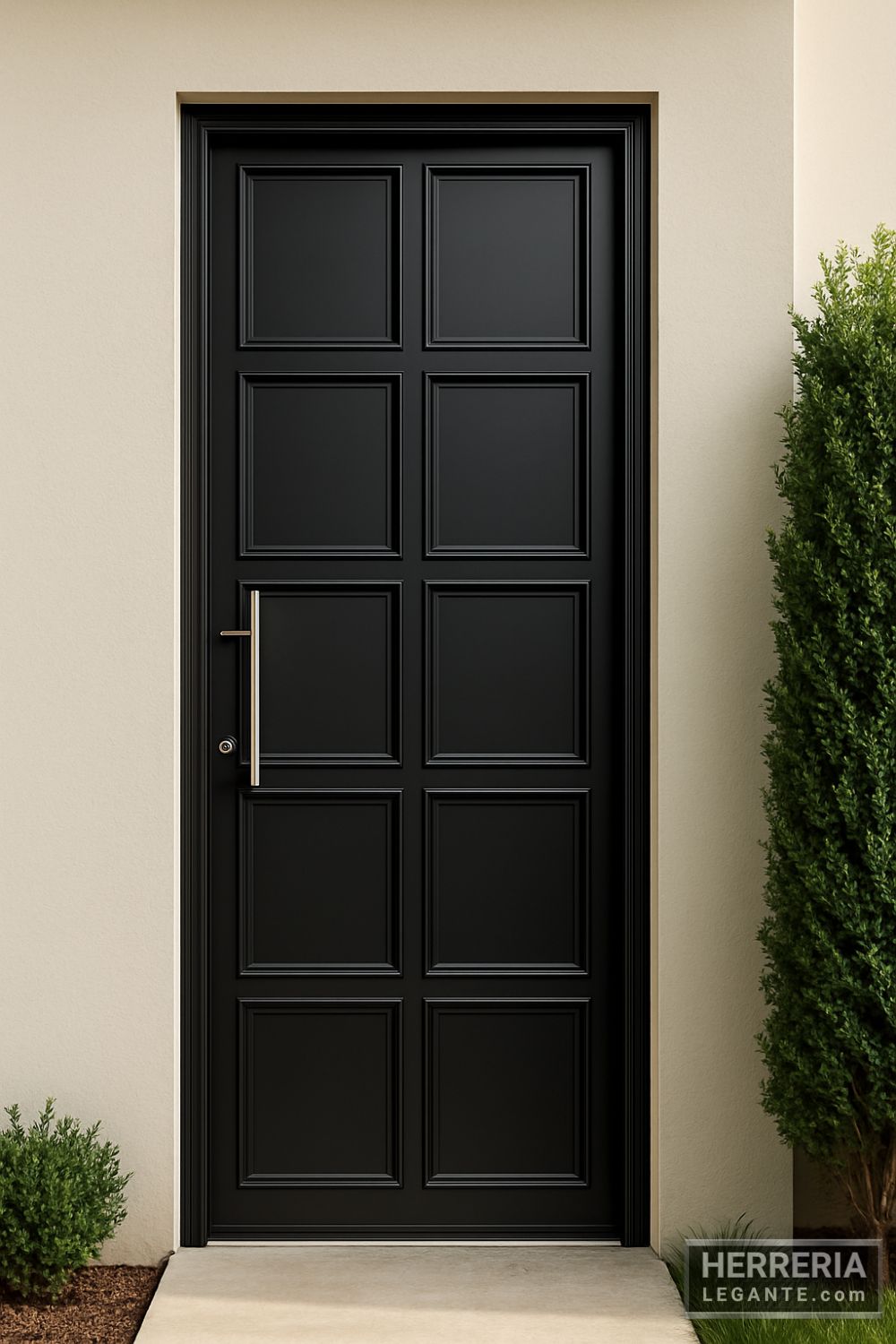 puerta de herrería negra con casetones cuadrados empotrados y jalador vertical, instalada en fachada moderna con geometría limpia y pared clara