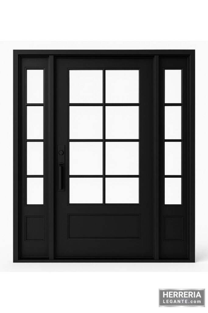 puerta de herrería negra con paneles laterales y ventanas divididas en secciones simétricas, fondo neutro blanco