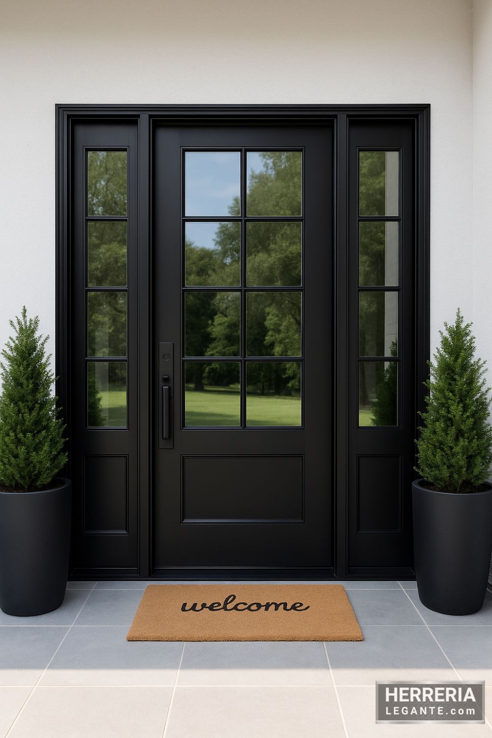 puerta de herrería negra con paneles laterales y ventanas, en fachada blanca con vista a jardín y macetas verdes